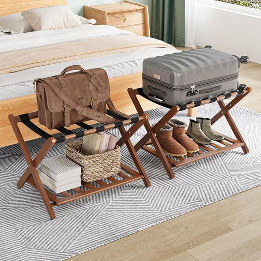 Smuxee Fully Assembled Walnut Luggage Racks Pack of 2, Upgraded Bamboo Foldable Suitcase Stand with 5 Nylon Straps, Luggage Holder with Shelf for Guest Room Bedroom Hotel by Smuxee