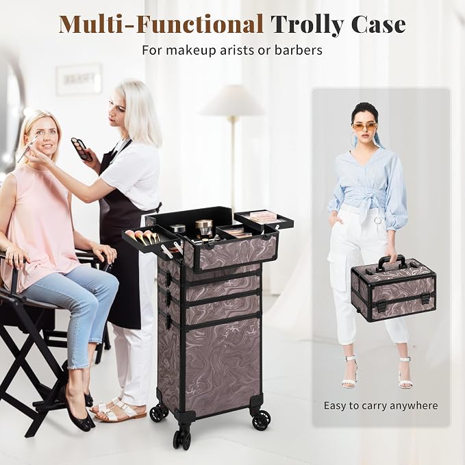 Rolling Makeup Train Case with Lid Cosmetology Case on Wheels | 5 in 1 Large Cosmetic Trolley Organizer Travel for Hairstylist Artist Nail Beauty Salon Barber Cart Trunk, Brown Ink - Image 6