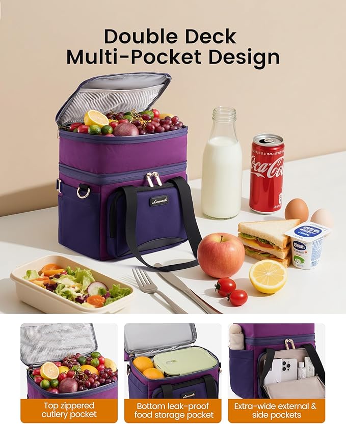 LOVEVOOK Insulated Lunch Bag For Women,Large Double Deck Adult Lunch Box,Teacher Lunch Tote Bag With Cup Holder,Leakproof Cooler Bag With Adjustable Shoulder Strap For Work Picnic Beach,Larger 15L - Image 4
