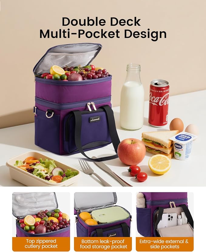 LOVEVOOK Insulated Lunch Bag For Women,Large Double Deck Adult Lunch Box,Teacher Lunch Tote Bag With Cup Holder,Leakproof Cooler Bag With Adjustable Shoulder Strap For Work Picnic Beach,Larger 15L - Image 4
