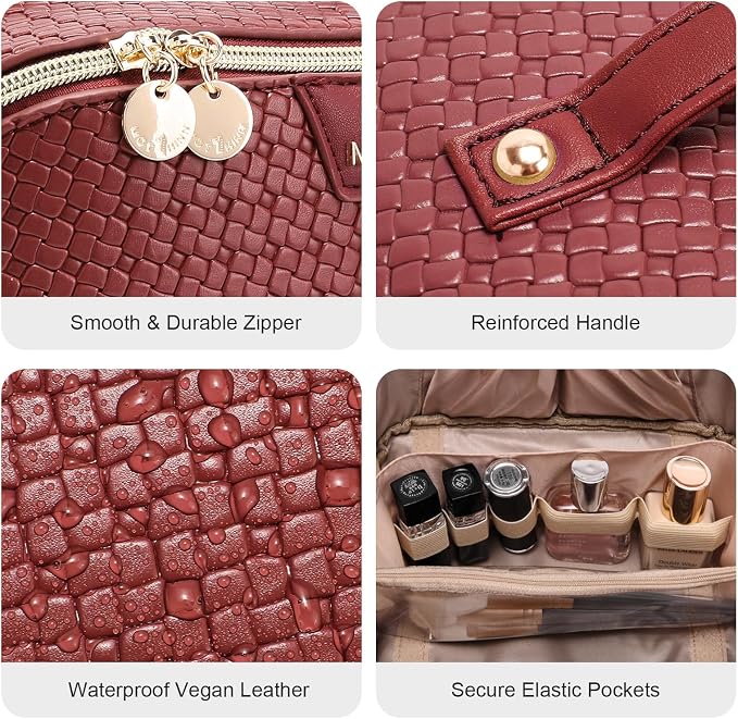 Travel Makeup Bag for Women: Designer 3 Pcs Set Cosmetic Bags for Women - Large Capacity Vagen Leather Hand-made for Toiletry Organizer - Ladies Travel Flat Open Essentials for Luxury (09Red) - Image 4