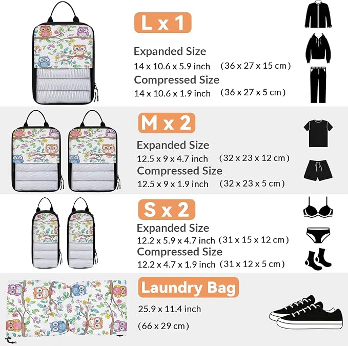 Floral Owl 6 Set Compression Packing Cubes for Travel Luggage Carry On Suitcase Compressible Expandable Packing Cubes Organizers Bag - Image 2