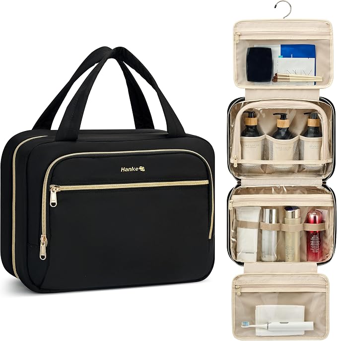Hanke Hanging Travel Toiletry Bag for Women, Water-Resistant Makeup Organizer with Hook, Cosmetic Bag for Bathroom & Travel Essentials Accessories, Black by Hanke