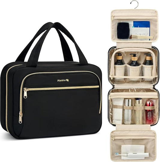 Hanke Hanging Travel Toiletry Bag for Women, Water-Resistant Makeup Organizer with Hook, Cosmetic Bag for Bathroom & Travel Essentials Accessories, Black by Hanke