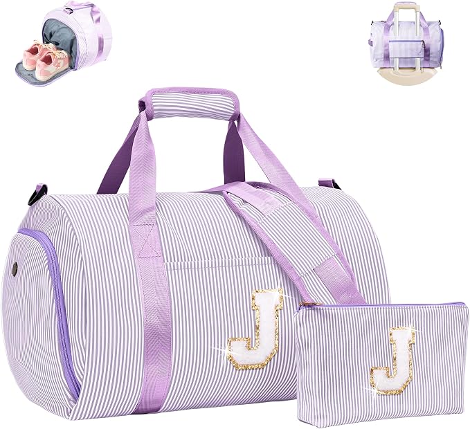 Birthday Gifts for Granddaughter, Girls Travel Duffle Bag, Kids Initial Overnight Duffel Bags with Shoe Compartment, Personalized Dance Bag with Cosmetic Pouch, Purple Gift (Letter J) by Vogewood