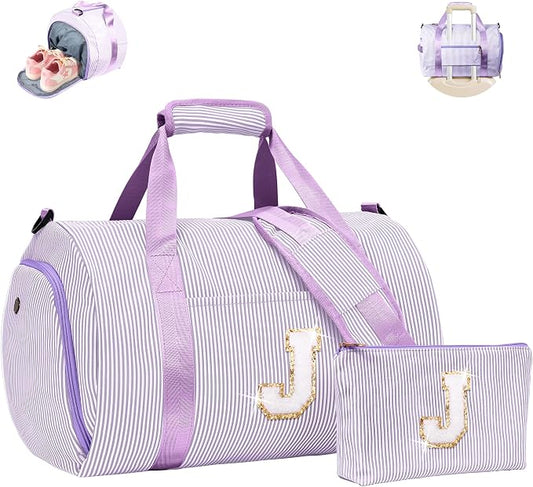 Birthday Gifts for Granddaughter, Girls Travel Duffle Bag, Kids Initial Overnight Duffel Bags with Shoe Compartment, Personalized Dance Bag with Cosmetic Pouch, Purple Gift (Letter J) by Vogewood