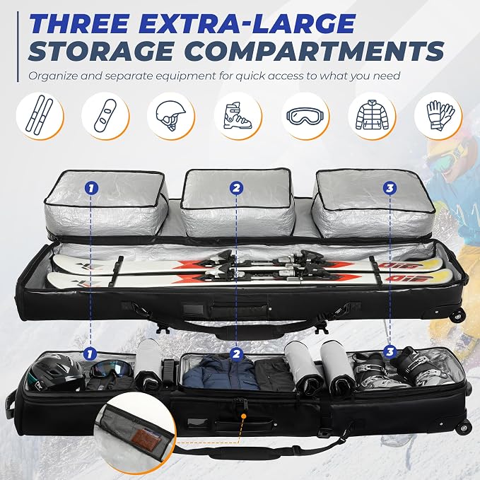 Ski Bag with Wheels, Rolling Snowboard Bag for Air Travel, Extendable 155-185CM Wheeled Ski Bag All-Round Padded Protection, for Snowboard, Double Skis, Boots, Helmet, Ski Gear - Image 3