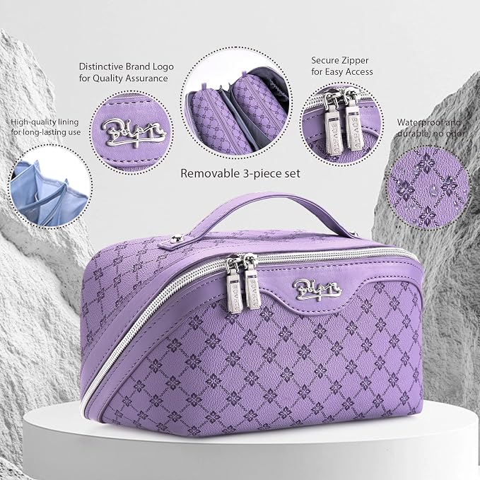 BOYATU Travel Makeup Bag Cosmetic Bags for Women: 3 Pcs Set Large Capacity Make up Bag with Handle - Vegan Leather Toiletry Bags with Compartments - Makeup Organizer for Travel Essentials(A-9-Purple) - Image 2