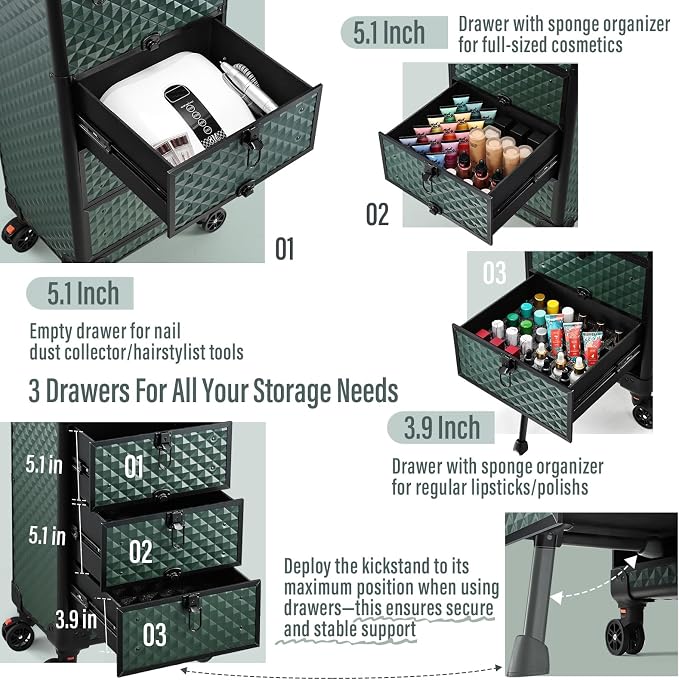 Yueieoun Nail Trolley Cart with 3 Drawers, Salon Station Cosmetology Case on Wheels Rolling Makeup Train Case Nail Case Organizer Beauty Salon Travel Case for Nailart,SPA,Hairstylist,Artist,Dark Green - Image 3