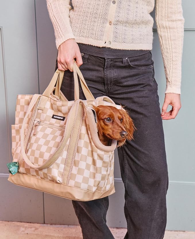 Cleverpup Transit Tote Dog Carrier 4-Piece Set - Premium Lightweight Pet Travel Bag with Plush Teddy Insert, Food Pouch, Air Mesh Opening, Water-Resistant Base & Safety Tether - Medium Checkerboard - Image 6
