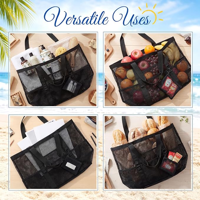 Hillban Large Mesh Beach Bag Bulk for Women Waterproof Sandproof Pool Tote Bag with 8 Pocket Small Zipper Pouch with Ring - Image 6