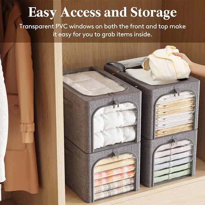 Lifewit Clothes Storage Bins with Metal Frame 6 Pack, Fabric Stackable Storage Bags with Lids, Zipper, Foldable Clost Organizers Containers for Clothing, Blanket, Winter Cloth, 40L - Image 6