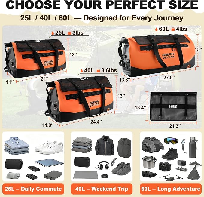 OSAH DRYPAK Waterproof Duffel Bag 25L/40L/60L – Heavy-Duty Motorcycle Tail Bag, Roll-Top Dry Bag for Travel, Camping, Boating, Kayaking, Outdoor Adventure - Image 2