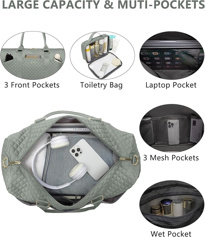 Women Weekender Travel Duffle Bag: Travel Duffel Overnight Bags with Shoe Compartment Large Carry on Tote with Toiletry Bag Weekend Traveling Yoga Gym Hospital Bag for Women with Wet Pocket Green - Image 3