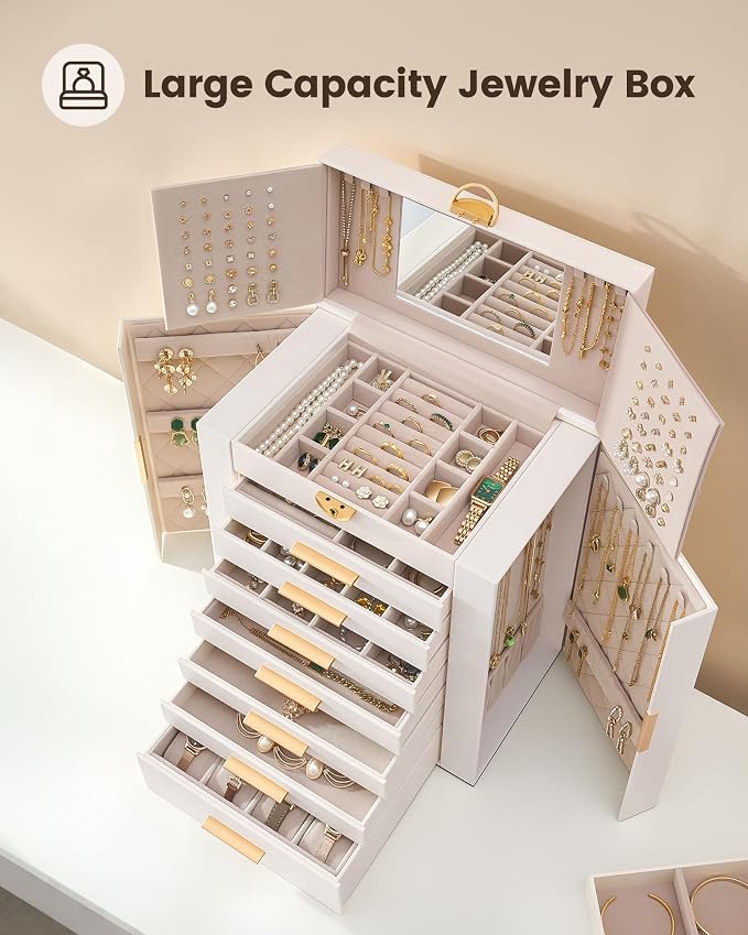 Lolalet Large Jewelry Box Organizer for Women, 8-Layer Jewelry Organizers and Storage Case with Mirror & 7 Drawers, Lockable Watch Ring Earring Bracelet Necklace Holder Girls Gift -8Layer, Beige - Image 2
