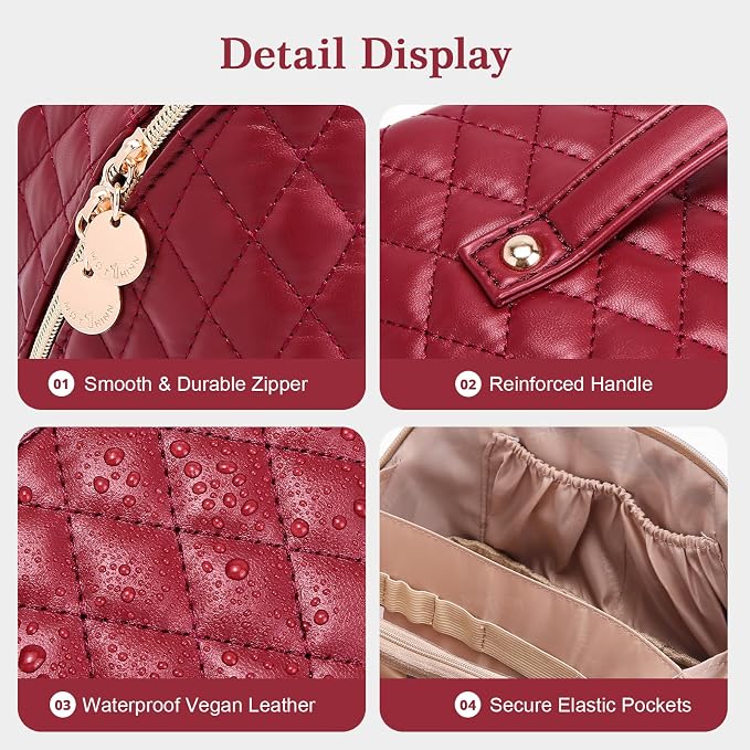 Travel Makeup Bags Cosmetic Organizer: 3Pcs Set Puffy Make up Bag for Women | Red Premium Quilted ELEGANCE Design | Large Capacity Leather Toiletry Bags | Wide Open Compact Case for Travel Essentials - Image 6