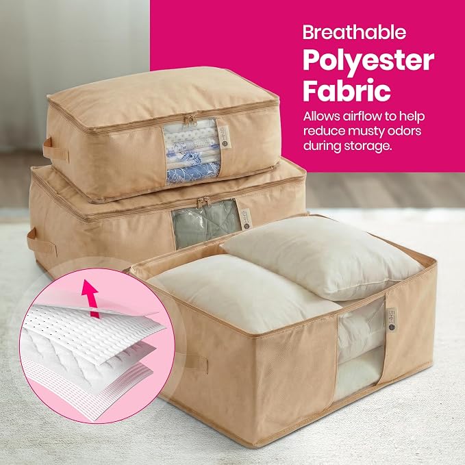 Cedar Storage Bag Organizer for Bedding Set - Protects from Moths, Moisture, Dirt & Dust - Set of 3 Storage Bags for Bed Sheets, Comforter, Pillows & More - Space-Saving Bedding Organizer, Beige - Image 6