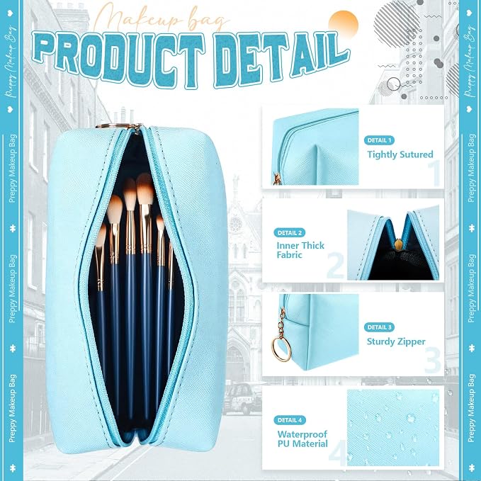 Chunful 24 Pcs Preppy Makeup Bag PU Leather Cosmetic Bag Bulk Makeup Plain Pouch Waterproof Toiletry Purse for Women Traveling Preppy Pencil Case Valentine's Day Gifts(Blue) - Image 3
