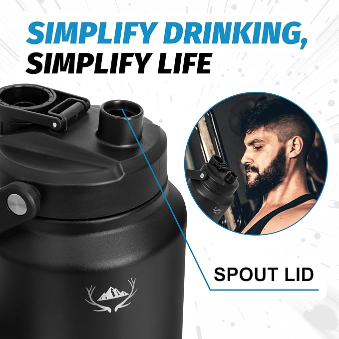 NATURE PIONEOR 84 oz Insulated Water Bottle Jug with Carrier Bag | 18/8 Food-grade Stainless Steel, Double Vacuum Insulation, Wide-Mouth, Straw & Spout Lid, Strap, Camping, Hiking, Gym, Work - Image 3