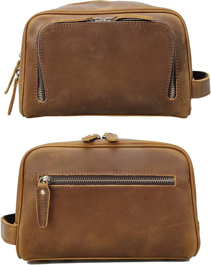 Polare Vintage Full Grain Leather Handmade Travel Toiletry Bag for Men - Dopp Kit - Shaving Kit with YKK Metal Zippers A-Brown - Image 4