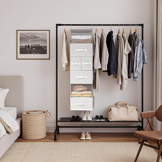 GRANNY SAYS Hanging Closet Organizer and Storage, 6 Shelf Clothes Organization with Drawers, 6 Side Pockets Closet Hanging Shelves for Bras, Socks, Underwear, Nursery Room, Wardrobe, White, 1-Pack - Image 2