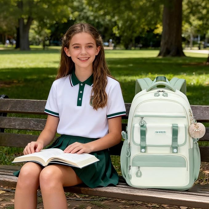School Backpack for Girls, 3PCS Laptop Backpack 15.6 Inch with Lunch Box Pencil Pouch Set for Kids Teens Elementary Middle High School College Bookbag Student Casual Travel Daypack,Green Beige - Image 7