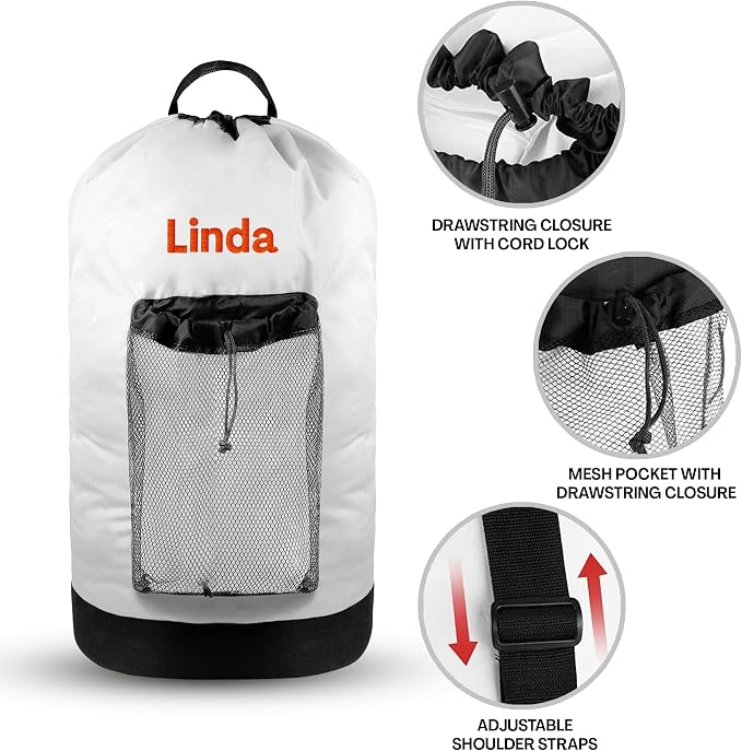 Personalized Travel Laundry Backpack, Embroidered Extra Large Laundry Bag For Travel with Shoulder Strap, Custom Heavy Duty Bag with Mesh Pocket for Delicates, Traveling and Camping - Image 3