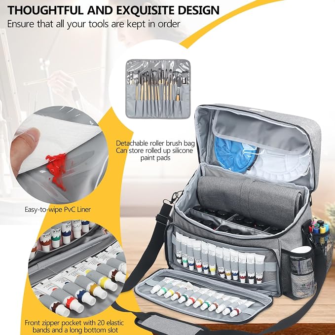 Acrylic Paint and Brush Set Organizer Bag - Carrying Case Compatible with Apple Barrel, Shuttle Art, Caliart Art Supplies - Includes Detachable Paint Brush Holder - for Home/Travel/Outdoor (Pro Gray) - Image 4