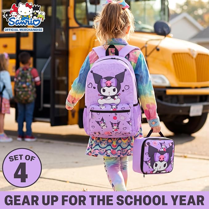 Get Trend Kuromi Girls Backpack, Lunch Bag, Pencil Case, Water Bottle | Sanrio 4 Pc Set, 18in Bookbag, Insulated Lunch Bag, Pencil Pouch & 16.9 fl oz BPA-Free Water Bottle, School, Gifts for Girls - Image 2