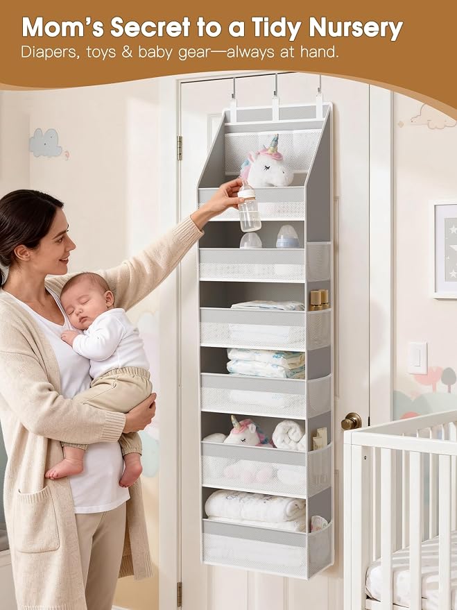 Criusia Over The Door Organizer, Heavy-Duty 6-Shelf Hanging Storage with 13 Mesh Pockets, 55lbs Capacity Behind The Door Storage for Nursery, Bathroom, Bedroom, and Dorm, Grey - Image 4