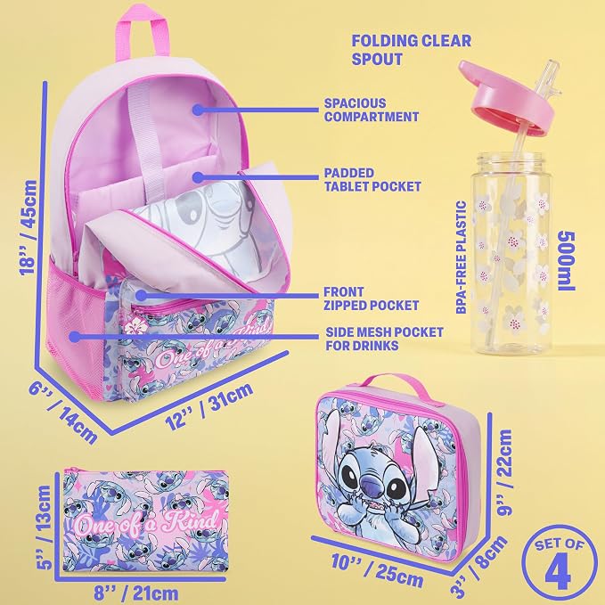 Get Trend Disney Stitch Kids Backpack 4 Piece Set | 18 inch Bookbag, Insulated Lunch Bag, Zipped Pencil Case & BPA-Free Water Bottle for School & Travel, Gifts for Girls - Image 3