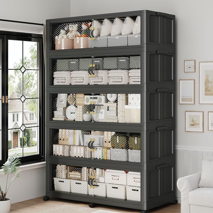300Gal/1200QT 5-Tiers Extra Large Stackable Storage Bins with Lid, Collapsible Cabinet Closet Organizer Plastic Container Box with Wheels Doors Drawers for Office Dorm Kitchen, Black by Unknown