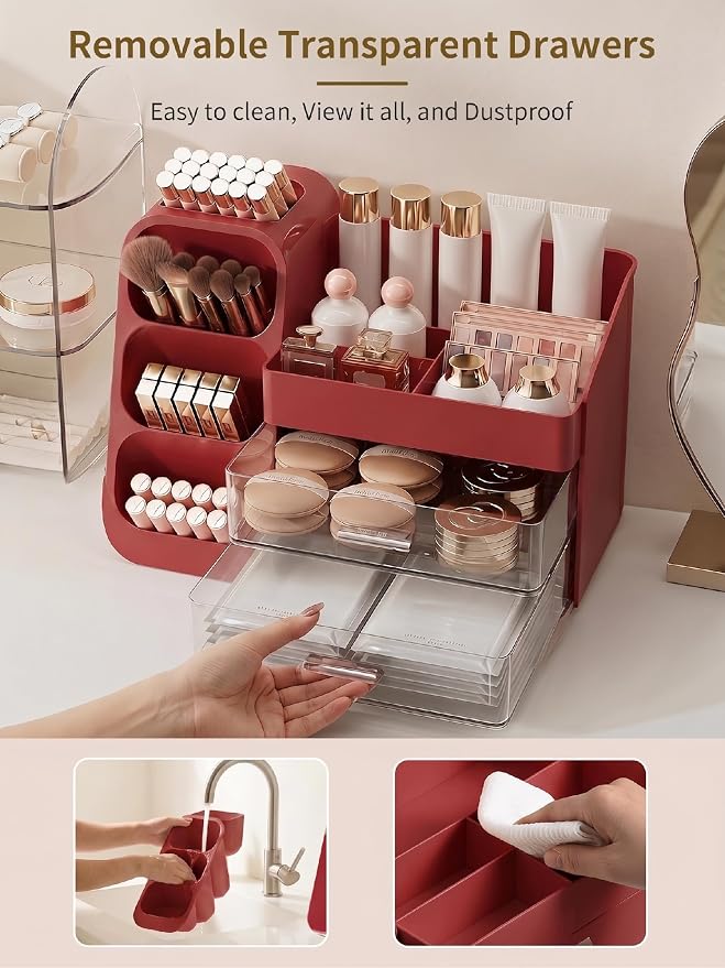 Booklov Makeup Organizer for Vanity, Large Capacity Cosmetic Display Case with Clear Acrylic Drawers, Countertop Beauty Storage Holder for Skincare, Brush Eyeshadow Lipstick, Counter Desk, Crystal Red - Image 6
