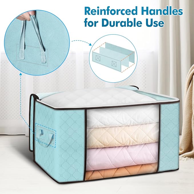 Budding Joy 90 L Large Storage Bags, 4 Pack Clothes Storage Bins Foldable Closet Organizer Storage Containers Storage and Organization for Clothes, Blanket, Comforters, Bed Sheets, Pillows (Blue) | Foldable Storage Containers, with Reinforced Handle, f... - Image 3