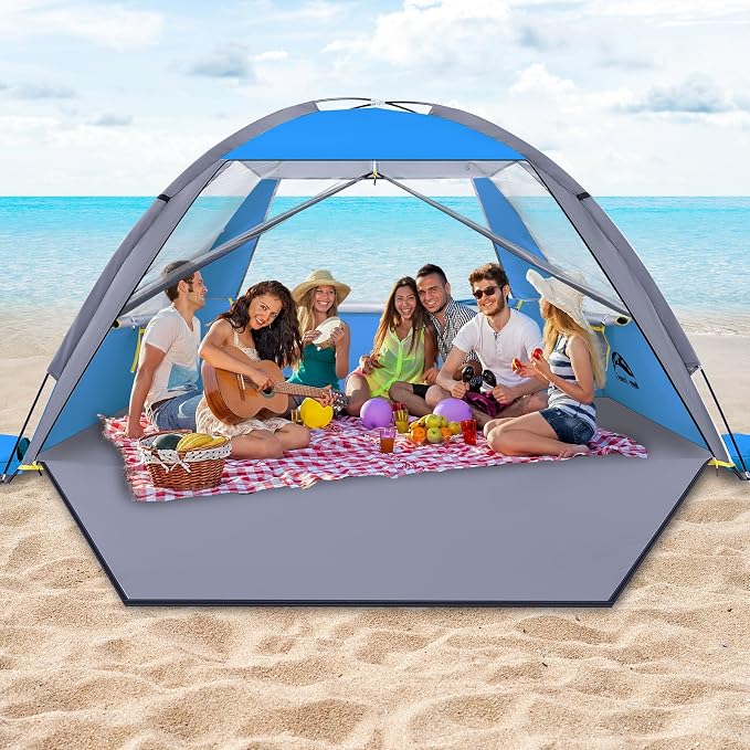 Happy Travel Beach Tent, UPF 50+ UV Protection Sun Shade Shelter for 3/4/5/6/7/8 Person, Portable Beach Canopy for Family & Baby, Lightweight & Easy Setup Beach Cabana with 3 Ventilation Mesh Windows by HappyTravel