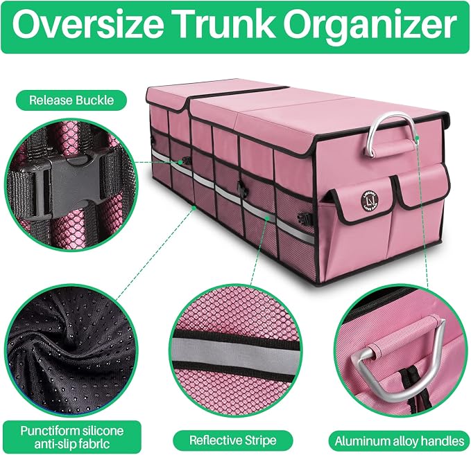 Big Car Trunk Organizer, Cargo Organizer SUV Trunk Storage Non Slip Bottom Waterproof Collapsible Durable Multi Compartments-(Oversize,Pink) - Image 6