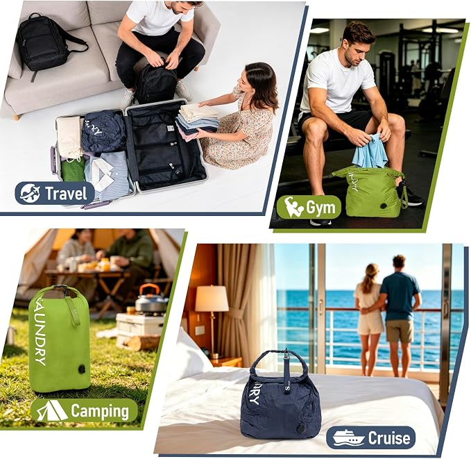 WiseBoy Travel Laundry Bag 2 Pack, Compression Laundry Bag for Dirty Clothes, Waterproof Wet Dry Bag, Pump-Free Space Saving Organizer for Suitcase Packing, Gym, Swim, Camping (Navy Blue & Green) - Image 6