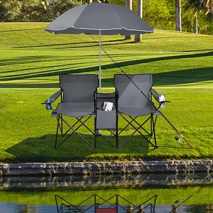 Goplus Double Camping Chair with Umbrella, Folding Loveseat Chairs w/Canopy Shade, Carrying Bag, Table, Cup Holder, Portable Beach Chairs Outdoor Picnic Patio (Grey) - Image 8