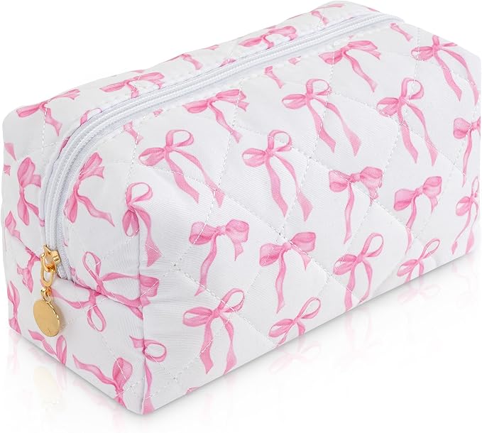 Makeup Bag Travel Toiletry Bag for Women, Small Cosmetic Bags Cute Quilted Cotton Makeup Pouch for Purse Emergency Bag Pencil Case Accessory Bag, Ribbon Bow by Unknown