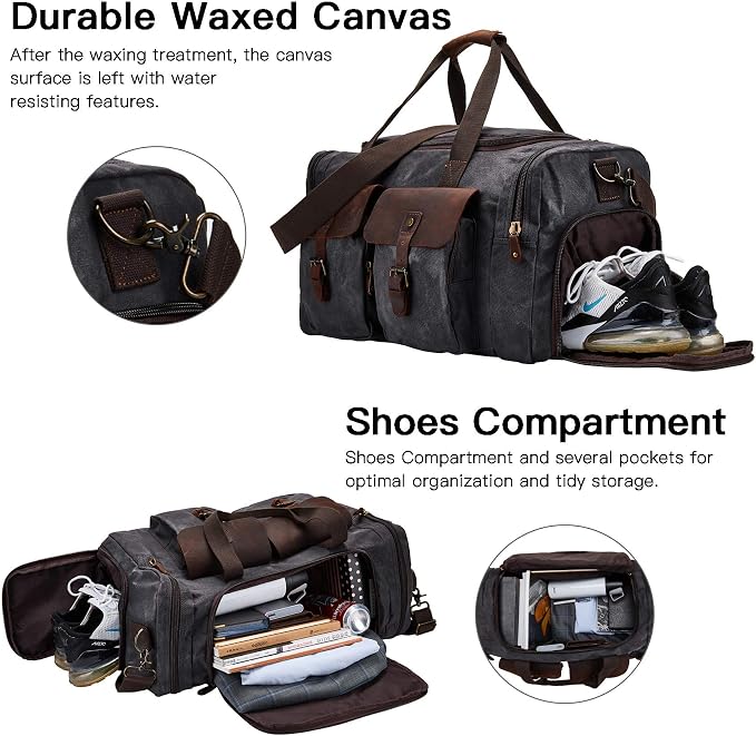 Waxed Canvas Duffel Bag with Shoe Compartment | Waxed Canvas Travel Bag for Men, Genuine Leather Trim, Shoe Compartment, Front Pockets, Weekend, Overnight and Carry-On Use - Image 4