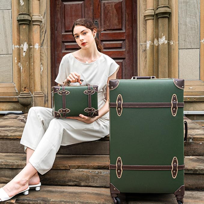 urecity Vintage Suitcase Set for Women, Vintage Luggage Sets for Women 2 Piece, Cute Designer Trunk Luggage, Retro Suit Case, Luggage Zipperless TSA Approved, Army Green, 20"+12" - Image 8
