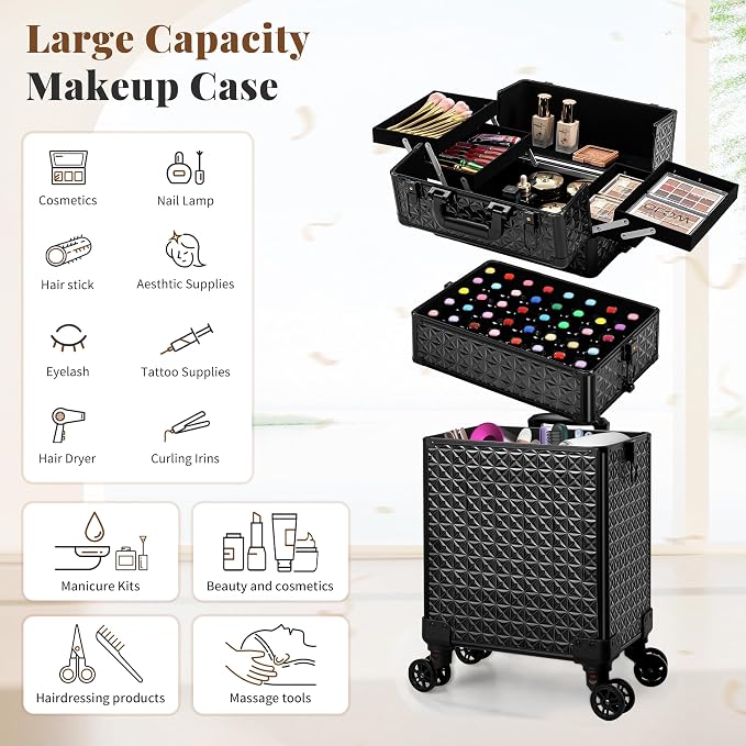 3 in 1 Rolling Makeup Train Case Cosmetology Case on Wheels, Black | Large Cosmetic Trolley Organizer with Keys Salon Barber Case Traveling Cart Trunk for Artist Hairstylists Nail Tech - Image 3