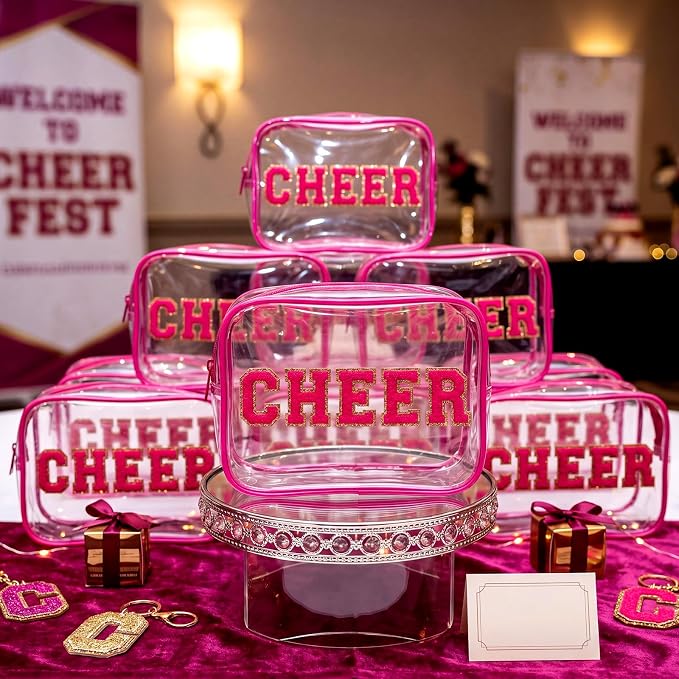 Kacctyen 12 Pack Cheer Clear Makeup Bags Bulk with Chenille Cheer Letter Patch Small Waterproof Cosmetic Pouch Zipper Travel Toiletry Bag Organizer for Women Girls Cheerleading Team Gift, Hot Pink - Image 6