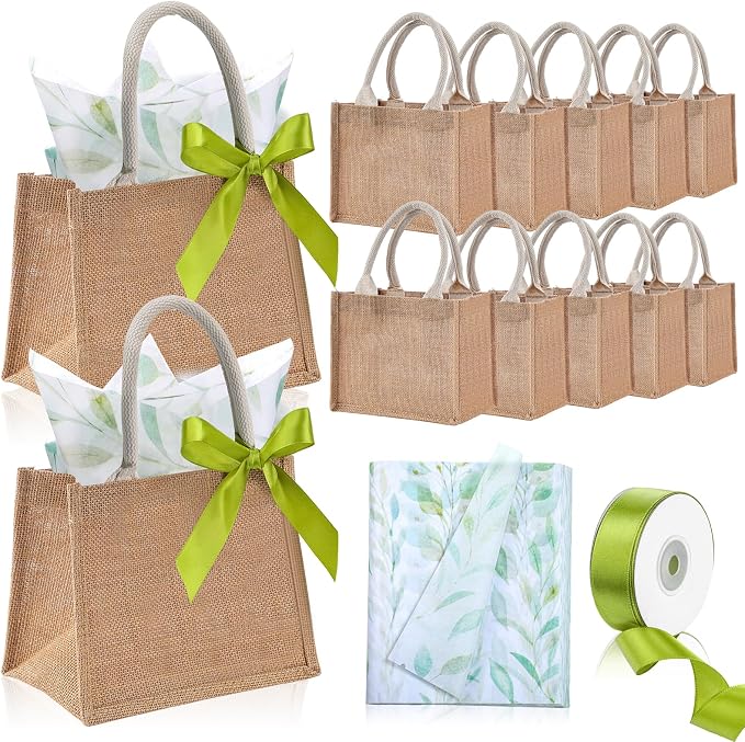 Shinylin 12 Pcs Small Burlap Tote Bag Set with Handles Spring Wedding Favors Reusable Jute Tote Bag Bulk with Eucalyptus Tissue Paper and Green Ribbon Wrapping 8.7x5.5x7inch by Shinylin