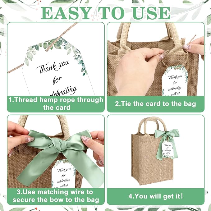 15Pack Burlap Tote Bag Set Reusable Blank Bridesmaid Gift Bags Jute Burlap Grocery Bag with Thank You Gift Tags Chiffon Silk Ribbons for Wedding DIY Invitations Parties and Baby Showers - Image 4