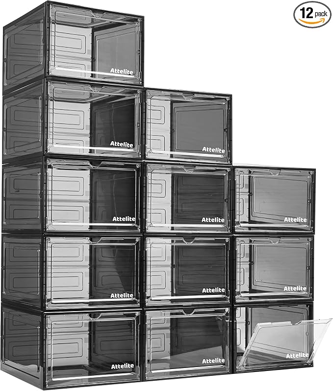 Attelite Upgrade 12pack Shoe Box Storage Containers,Thicken Sturdy Clear Stackable Plastic Shoe Organizer Box with Magnetic Door, Drop Front Shoe Box Sneakers X-Large by Attelite