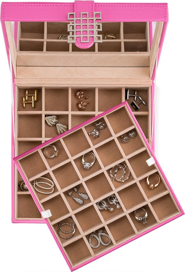Glenor Co Earring Organizer - Classic 50 Section Jewelry Box/Case/Holder for Earrings, Rings, Necklaces, Jewelry, Cufflinks or Collections -2 Layer Small Compartments with Large Mirror - Pink - Image 7