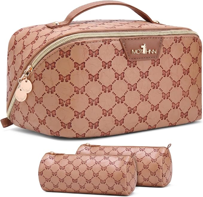 Travel Makeup Bags for Women: 3 Pcs Set Luxury Bow Print Make up Bag - Large Capacity Cute Cosmetic Case - 3–15 Day Travel Toiletry Organizer Bag, Comes with An Gift Box(Cocoa Brown) by Unknown