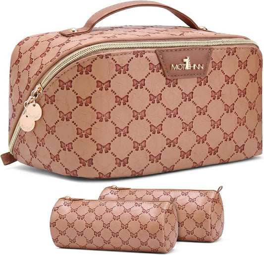 Travel Makeup Bags for Women: 3 Pcs Set Luxury Bow Print Make up Bag - Large Capacity Cute Cosmetic Case - 3–15 Day Travel Toiletry Organizer Bag, Comes with An Gift Box(Cocoa Brown) by Unknown