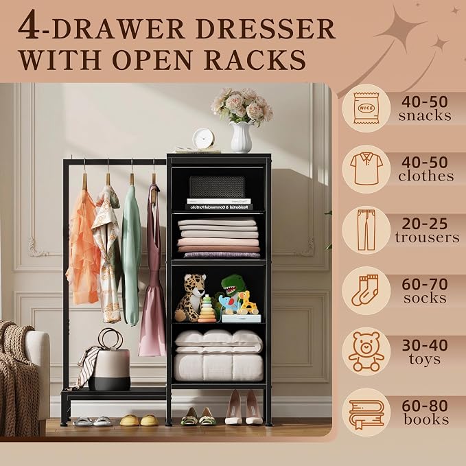 HIGDBFE Tall Dresser 44''H with Hanging Rack, 4 Drawers Small Closet Dresser for Bedroom, Reversible Fabric Chest of Drawers with Clothes Rack, Tall Storage Tower, Sturdy Frame, Black - Image 5